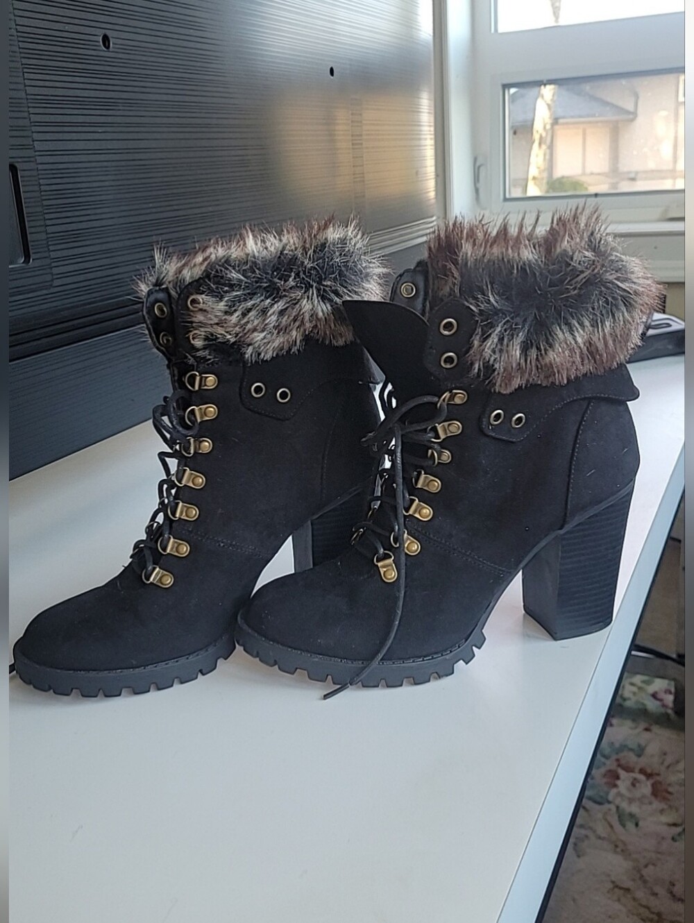 Fergalicious Black Lace-Up Heeled Ankle Boots with Faux Fur Cuff